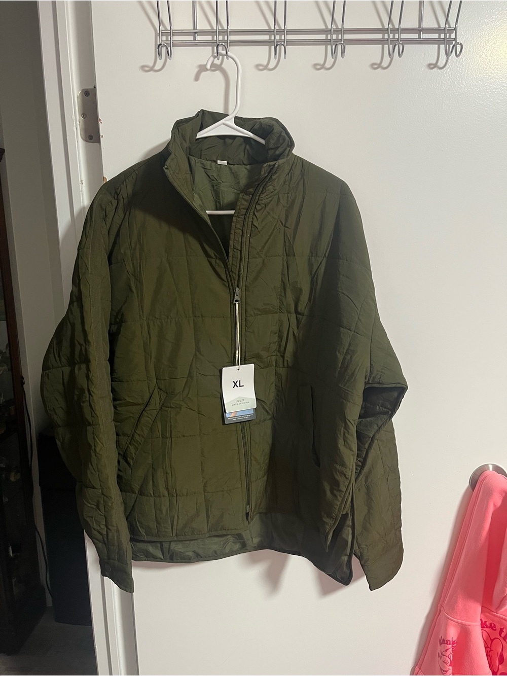 Amazon Olive Green Quilted Puffer Jacket With Side Slits And Pockets - XL